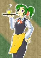  coffee cup earrings green_hair hair_ribbon hand_on_hip hatsuseno_alpha holding_tray jewelry kaname_(t-to-fu) plate ponytail purple_eyes ribbon solo tray violet_eyes waitress yokohama_kaidashi_kikou 