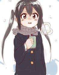  black_hair blush brown_eyes k-on! long_hair nakano_azusa namonai_niku open_mouth scarf school_uniform snowing soda_can solo twintails 
