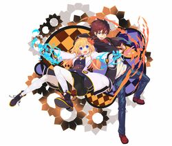  black_eyes blonde_hair blue_eyes brown_hair copyright_request fingerless_gloves flower gloves hair_flower hair_ornament hat jeans long_hair magic open_mouth outstretched_arms shirabi_(life-is-free) shoes skirt smile sneakers spread_arms thigh-highs thighhighs white_legwear zettai_ryouiki 