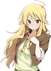  1girl ahoge blonde_hair blush green_eyes hajime_(kinyou_club) hoshii_miki idolmaster jacket jewelry long_hair necklace sleeves_rolled_up smile solo 