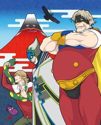  animalization barnaby_brooks_jr beard bird blonde_hair blue_eyes cape crossed_arms eagle egasumi eggplant facial_hair gloves hatsuyume jacket legend_(tiger_&amp;_bunny) lips lunatic_(tiger_&amp;_bunny) mask mountain multiple_boys objectification red_jacket snake superhero t2rn tiger_&amp;_bunny 