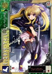  absurdres blonde_hair blush fate_testarossa gloves hair_ribbon highres long_hair lyrical_nanoha mahou_shoujo_lyrical_nanoha omuraisu_echizen open_mouth red_eyes ribbon skirt solo thigh-highs thighhighs twintails 
