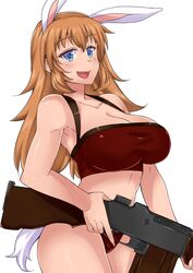 1girl animal_ears bare_shoulders breasts brown_hair bunny_tail charlotte_e_yeager cleavage gun highres large_breasts long_hair maru_(maruttona) rabbit_ears rifle simple_background smile solo strike_witches tail weapon white_background