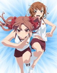  2girls :< bare_shoulders blush bow brown_eyes brown_hair gym_uniform hair_bow hair_ornament hairclip highres long_hair midriff misaka_mikoto multiple_girls navel open_mouth red_eyes running shirai_kuroko short_hair shorts sleeveless smile_(rz) three_legged_race to_aru_kagaku_no_railgun to_aru_majutsu_no_index twintails 