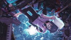  1boy blue_hair bottle building computer electric_guitar figure glasses green_eyes grey_hair guitar hatsune_miku headset instrument long_hair original piano shirano_(hiromaxi729) shirt short_hair sitting skirt solo twintails 