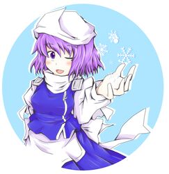  1girl blush hat highres kuroi-neko letty_whiterock open_mouth purple_hair ribbon scarf short_hair smile snowflakes solo touhou violet_eyes wink 