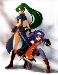  ahoge bare_shoulders blue_hair boots detached_sleeves earrings fingerless_gloves fire_emblem fire_emblem:_akatsuki_no_megami fire_emblem:_rekka_no_ken gloves green_eyes green_hair hairband high_ponytail highres jewelry katana long_hair lyndis_(fire_emblem) mia_(fire_emblem) multiple_girls ponytail sheath side_slit sword thigh-highs thighhighs very_long_hair weapon yohz youzu 
