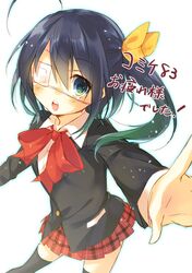 :o ahoge black_hair black_legwear blazer blue_eyes chuunibyou_demo_koi_ga_shitai! eyepatch hair_ribbon plaid plaid_skirt ribbon school_uniform short_hair side_ponytail skirt solo takanashi_rikka thigh-highs thighhighs toosaka_asagi zettai_ryouiki 