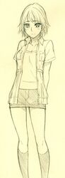  casual denim_skirt korisei light_smile monochrome open_clothes open_shirt original short_hair sketch skirt solo traditional_media 