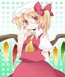  :3 adjusting_glasses ascot bespectacled blonde_hair blush bow commentary flandre_scarlet glasses hair_bow hammer_(sunset_beach) hat red_eyes short_hair side_ponytail skirt skirt_set smile solo touhou wings 