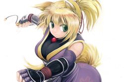  animal_ears blonde_hair blush dog_days fingerless_gloves fox_ears fox_tail gloves green_eyes highres japanese_clothes kyoro1230 long_hair ponytail solo tail yukikaze_panettone 