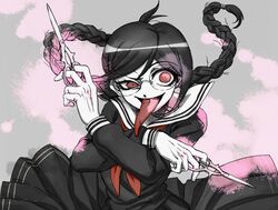  braid crazy_eyes dangan_ronpa fukawa_touko glasses long_hair pall red_eyes school_uniform scissors serafuku solo tongue twin_braids 