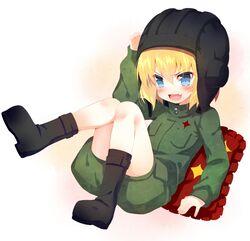 >:d :d blonde_hair blue_eyes blush boots fang girls_und_panzer helmet katyusha long_sleeves meito_(maze) open_mouth pillow short_hair smile solo uniform 