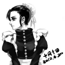  100120_(artist) apron bangs black_lagoon bun_cover dated fabiola_iglesias fringe hair_bun hair_up maid monochrome short_hair solo totsukitouka v_arms 