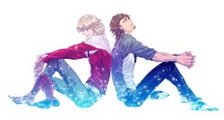  barnaby_brooks_jr blonde_hair boots brown_hair facial_hair glasses jacket kaburagi_t_kotetsu lotto_honey multiple_boys red_jacket sitting stubble tiger_&amp;_bunny vest waistcoat 
