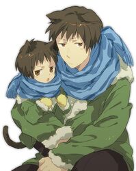  animal_ears cat_ears cat_tail kemonomimi_mode kyon multiple_boys short_hair simple_background suzumiya_haruhi_no_yuuutsu tail time_paradox white_background young zan_nenko 