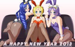  3girls animal_ears blonde_hair blue_eyes blue_hair bowtie bunny_ears bunny_tail bunnysuit couch despinis detached_collar facial_mark forehead_mark green_eyes happy_new_year latooni_subota long_hair multiple_girls new_year pantyhose purple_eyes purple_hair rabbit_ears shine_hausen short_hair super_robot_wars super_robot_wars_original_generation tail tomite violet_eyes wrist_cuffs 