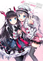  2girls :d ahoge antlers artist_name black_gloves black_hair black_legwear blue_eyes blush braid coat dragon eastern_dragon fang gloves happy_new_year hat long_hair looking_at_viewer multiple_girls nardack new_year open_mouth original pantyhose smile snake thigh-highs thighhighs twin_towers watermark web_address 