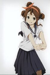  1girl :p absurdres braid brown_hair hair_bun hands_clasped highres hyouka official_art sawakiguchi_misaki school_uniform serafuku short_hair solo stretch tongue yellow_eyes 