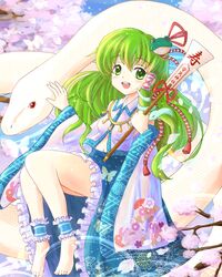  barefoot blush breasts cherry_blossoms daiso detached_sleeves frog_hair_ornament gohei green_eyes green_hair hair_ornament hair_tubes happy_new_year jewelry kochiya_sanae long_hair mishaguji necklace new_year open_mouth petals ribbon sitting skirt smile snake snake_hair_ornament solo touhou 