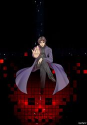  artist_name brown_eyes brown_hair cassock cross cross_necklace crossed_legs fate/stay_night fate_(series) highres jewelry kotomine_kirei legs_crossed necklace outstretched_hand sayakajou sitting solo 