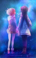  akemi_homura black_hair black_legwear boots coat earmuffs from_behind fur_trim hair_ribbon hand_holding highres holding_hands hood kaname_madoka long_hair looking_up mahou_shoujo_madoka_magica multiple_girls night night_sky pantyhose pink_hair ribbon scarf short_hair short_twintails sky standing star_(sky) starry_sky thigh-highs thighhighs twintails white_legwear yamada_ako 