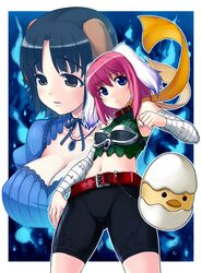  animal_ears bandage bandages bike_shorts bird blue_eyes breasts character_request chick cleavage collar copyright_request egg jewelry large_breasts midriff mizuki_gyokuran multiple_girls navel necklace pendant red_hair redhead ribbon_choker short_hair sleeveless 