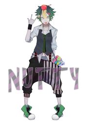  1boy blonde_hair boxers candy candy_apple candy_cane english green_hair highres lazy_eye lollipop male multicolored_hair nail_polish nankaidools navel necktie piercing pigeon-toed solo striped suspenders swirl_lollipop tagme tongue tongue_out tongue_piercing two-tone_hair underwear vest 