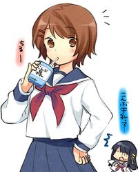  black_hair blush brown_eyes brown_hair chishima_kirika drinking hair_ornament hair_ribbon hairclip hanabana_tsubomi hand_on_hip long_hair looking_at_viewer milk misaki_erimo multiple_girls ribbon school_uniform seishun_konbu serafuku short_hair skirt surprised translated translation_request 