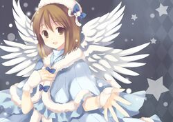  angel_wings blush bow brown_eyes brown_hair dress hagiwara_yukiho hat idolmaster outstretched_hand short_hair smile solo takase_kanan wings wrist_cuffs 