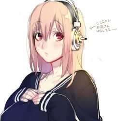  bust headphones nitroplus onaka_itai pink_eyes pink_hair simple_background sketch solo super_sonico sweatdrop white_background 