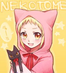  arisugawa_otome blonde_hair cat eyes fang hood nomeo open_mouth ribbon solo yellow 
