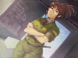  akizuki_ritsuko antenna_hair blush brown_eyes brown_hair chiaki_rakutarou glasses harisen idolmaster military military_uniform short_hair sleeves_pushed_up sleeves_rolled_up smile solo uniform 