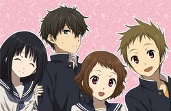  2girls black_hair brown_eyes brown_hair chitanda_eru closed_eyes eyes_closed fukube_satoshi green_eyes hyouka ibara_mayaka multiple_boys multiple_girls oreki_houtarou pink_eyes rito453 school_uniform serafuku short_hair 