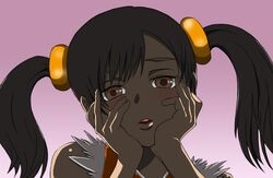  black_hair brown_eyes fur_trim hair_ornament hands_on_own_cheeks hands_on_own_face ling_xiaoyu parody portrait short_twintails smile solo tekken twintails yandere yandere_trance yoshi999 