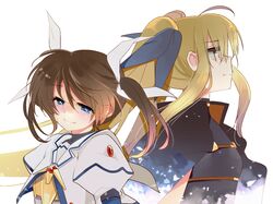  blonde_hair blue_eyes blush bow brown_hair cape fate_testarossa female hair_bow lyrical_nanoha magical_girl mahou_shoujo_lyrical_nanoha mahou_shoujo_lyrical_nanoha_the_movie_1st multiple_girls puffy_sleeves red_eyes shino_satoru short_twintails smile takamachi_nanoha twintails 