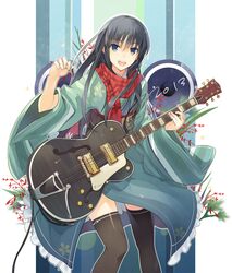  2013 black_eyes black_hair black_legwear electric_guitar guitar holding instrument japanese_clothes kimono long_hair looking_at_viewer miz obi open_mouth original plaid plectrum scarf solo thigh-highs thighhighs 