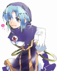  blue_eyes blue_hair colored_eyelashes hood jewelry kumoi_ichirin leaning_forward pendant ring rough short_hair simple_background smile solo teoshiguruma touhou white_background 