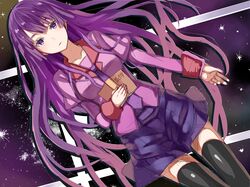  bakemonogatari black_legwear book highres long_hair looking_at_viewer monogatari_(series) necolab purple_eyes purple_hair school_uniform senjougahara_hitagi skirt solo thigh-highs thighhighs violet_eyes 