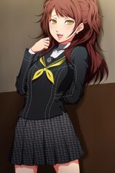  :d arm_behind_back blush brown_hair earrings hairu highres jewelry kujikawa_rise long_hair looking_at_viewer open_mouth persona persona_4 pleated_skirt ribbon school_uniform serafuku skirt smile solo yellow_eyes 