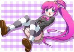  blue_eyes blush covering covering_crotch hair_ornament little_busters! long_hair looking_at_viewer plaid plaid_skirt purple_hair rin2008 saigusa_haruka school_uniform side_ponytail skirt solo striped striped_legwear thigh-highs thighhighs 