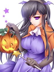  black_hair blush breasts cross dress earrings elbow_gloves gloves hairband halloween highres jack-o'-lantern jack-o'-lantern jewelry long_hair moneti_(daifuku) open_mouth original pumpkin purple_eyes solo violet_eyes wand wings 
