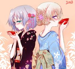  2girls alcohol alternate_hairstyle back-to-back bamboo blonde_hair blush cherry_blossoms drinking eila_ilmatar_juutilainen floral_print flower furisode green_eyes hair_flower hair_ornament japanese_clothes kimono multiple_girls new_year nwon'yo_pasun nwon'yo_pasun obi purple_eyes purple_hair sakazuki sake sanya_v_litvyak strike_witches two-tone_background violet_eyes wisteria 