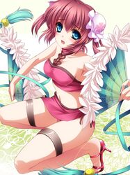  bare_shoulders bikini blue_eyes blush breasts bun_cover cleavage double_bun fan folding_fan highres moneti_(daifuku) open_mouth original red_hair redhead sarong short_hair side-tie_bikini solo squatting swimsuit thigh_strap 