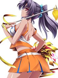  back baton black_hair blush breasts cheerleader highres long_hair midriff moneti_(daifuku) original pom_poms ponytail red_eyes ribbon skirt smile solo 