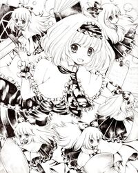  alice_margatroid book bow capelet doll dress frills hair_bow hairband lance long_hair millipen_(medium) monochrome open_mouth polearm ribbon shanghai shanghai_doll short_hair smile sword tayunn touhou traditional_media weapon wrist_cuffs 