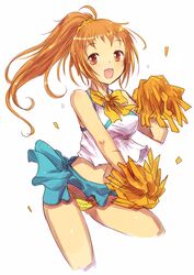  :d blush bow bow_panties brown_eyes brown_hair cheerleader idolmaster idolmaster_cinderella_girls kara_(color) looking_at_viewer midriff navel open_mouth panties pom_poms ponytail simple_background skirt skirt_lift smile solo taut_shirt underwear wakabayashi_tomoka white_background wind_lift 