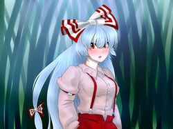  :o blush bow francium fujiwara_no_mokou full-face_blush hair_bow hands_in_pockets highres long_hair pants red_eyes silver_hair solo suspenders touhou very_long_hair 