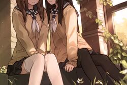  black_hair blush brown_hair earphones head_out_of_frame long_hair multiple_girls original pantyhose school_uniform shared_earphones sitting skirt thigh-highs thighhighs white_legwear xiao_qiang_(overseas) yuri 