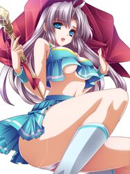  ahoge blue_eyes blush breasts cheerleader flag highres long_hair midriff moneti_(daifuku) navel open_mouth original panties silver_hair skirt solo under_boob underboob underwear wristband 